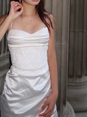 Windsor Elegant Sequin White Satin Spaghetti-Strap Dress